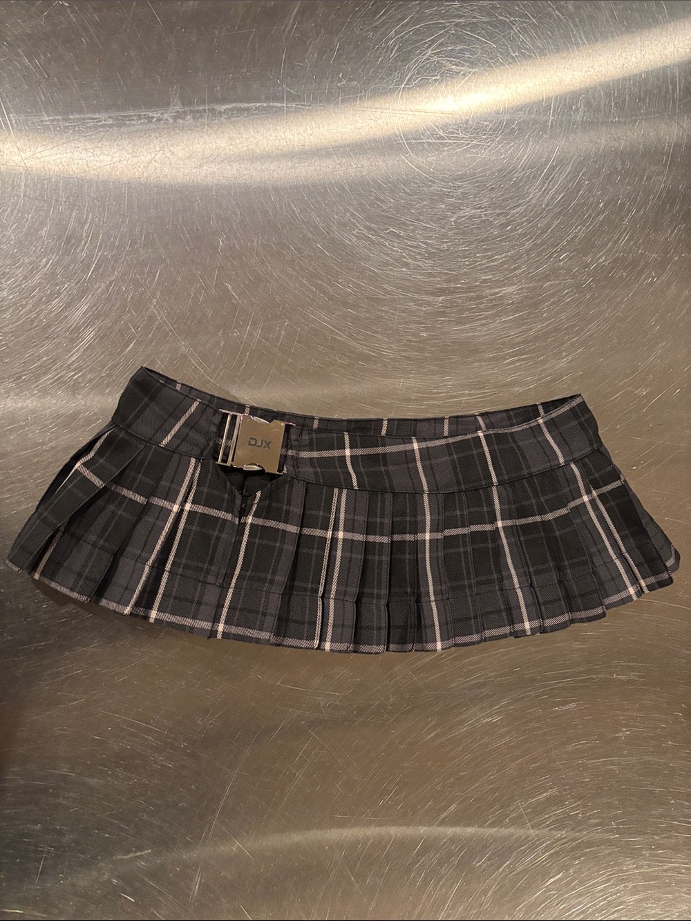 Pleated Plaid Mini Skirt - Black & Gray with Pink Trim